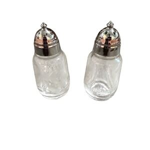 Vintage Atlas Clear Glass Salt and Pepper Shakers Silver Tone Metal Lids Set